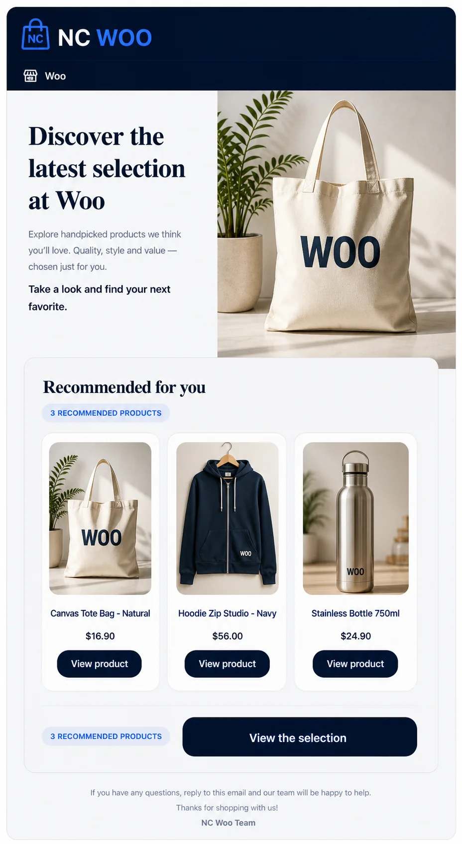 NC WOO product recommendation email template in English