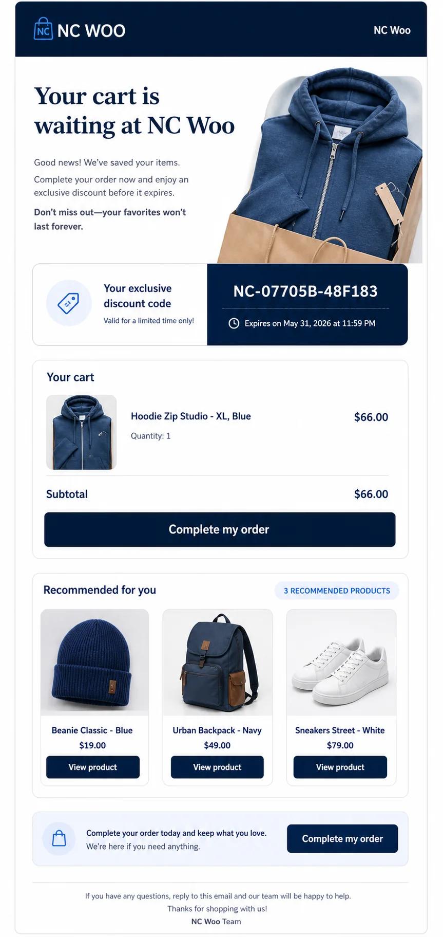 NeuroCheckout abandoned cart recovery email example